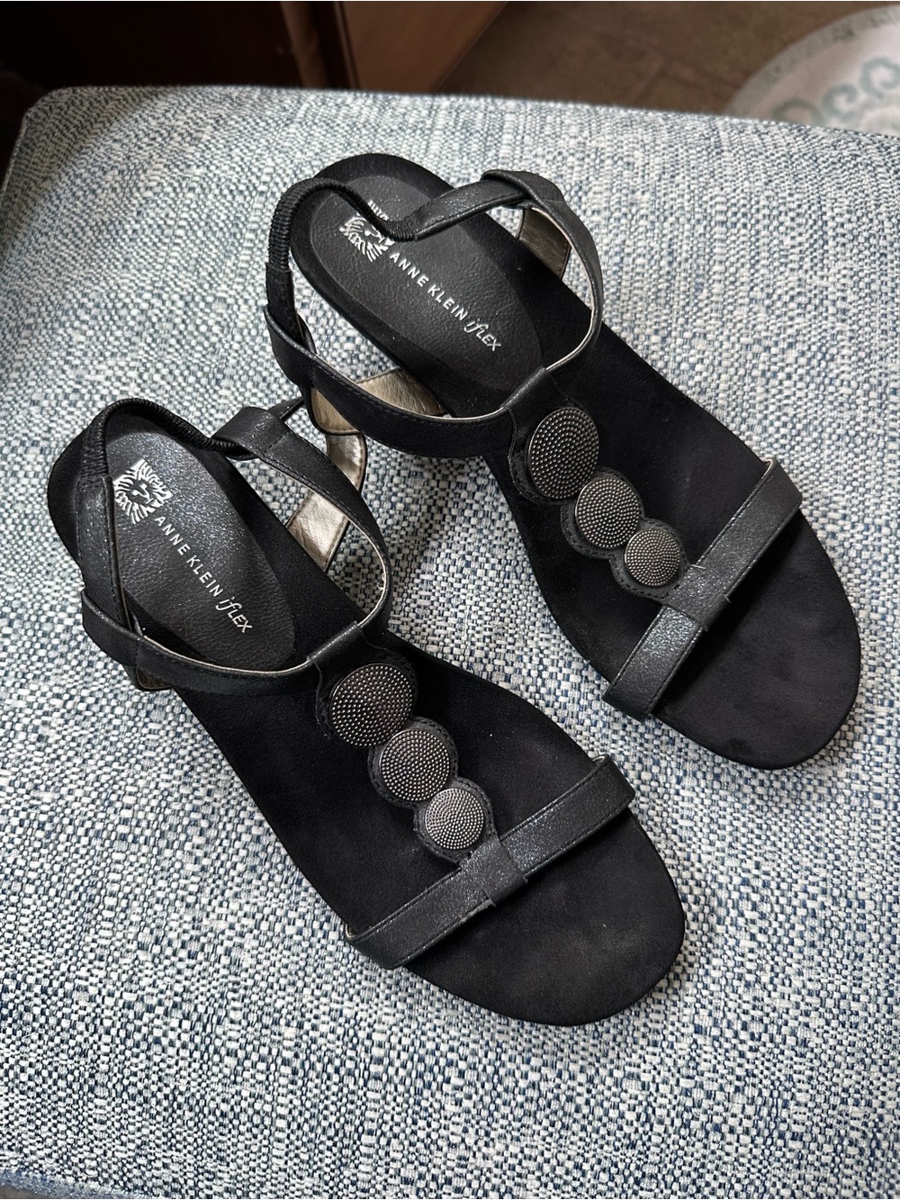 Anne Klein Black Embellished T-Strap Sandals